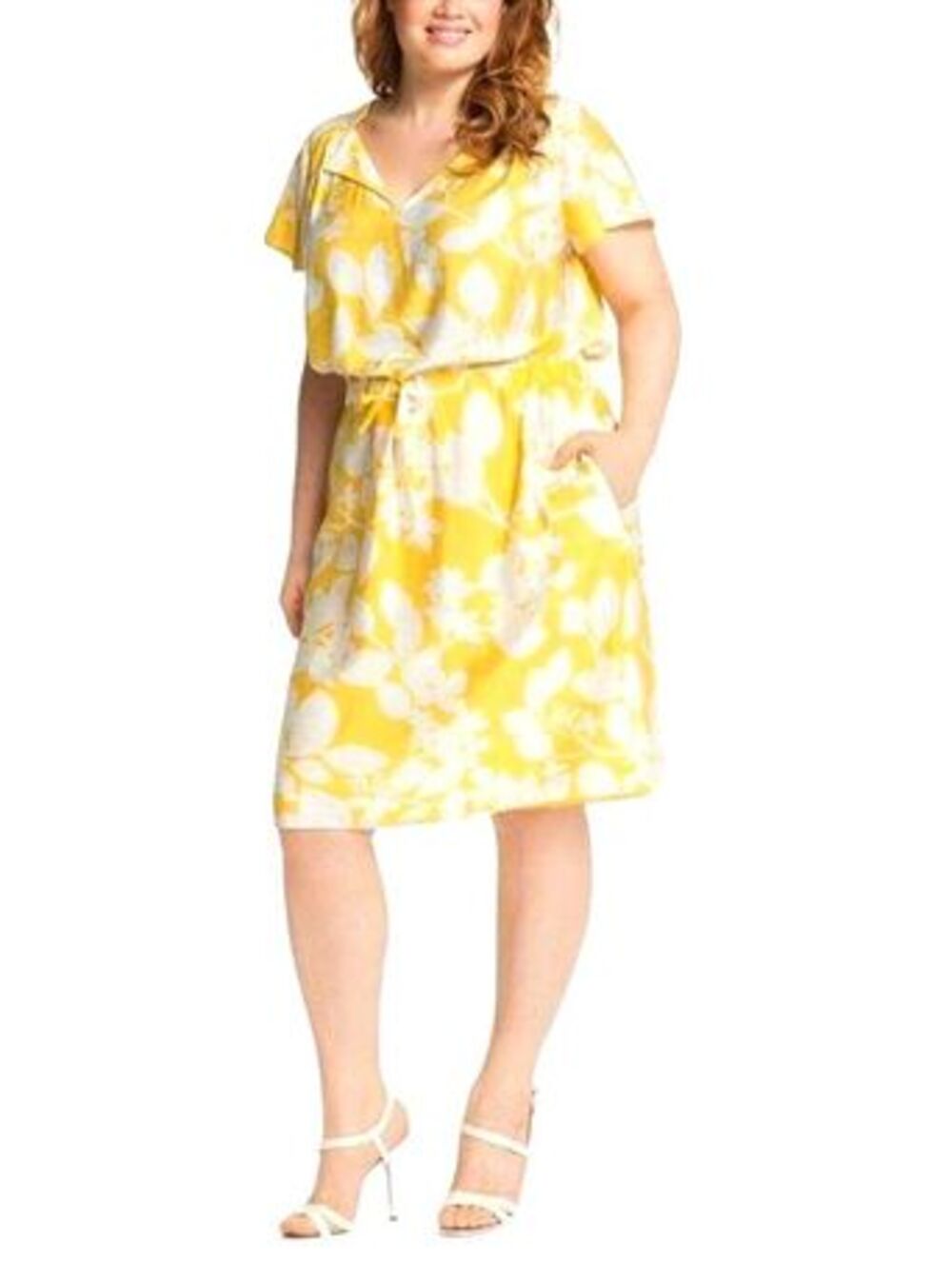 Adrianna Papell Yellow White Floral Flutter Sleeve Drawstring Dress 18W Pockets